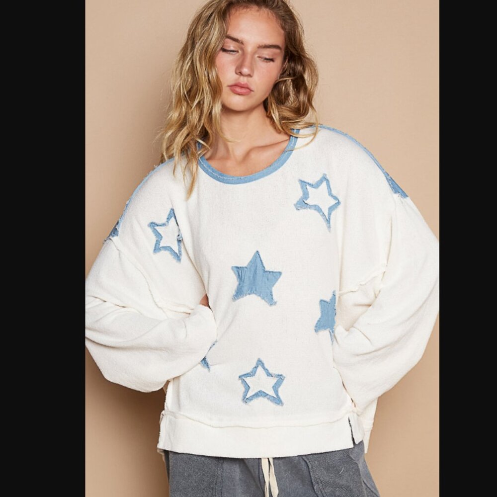 POL Cream Sweatshirt with Light Blue Star Appliqués; Size L